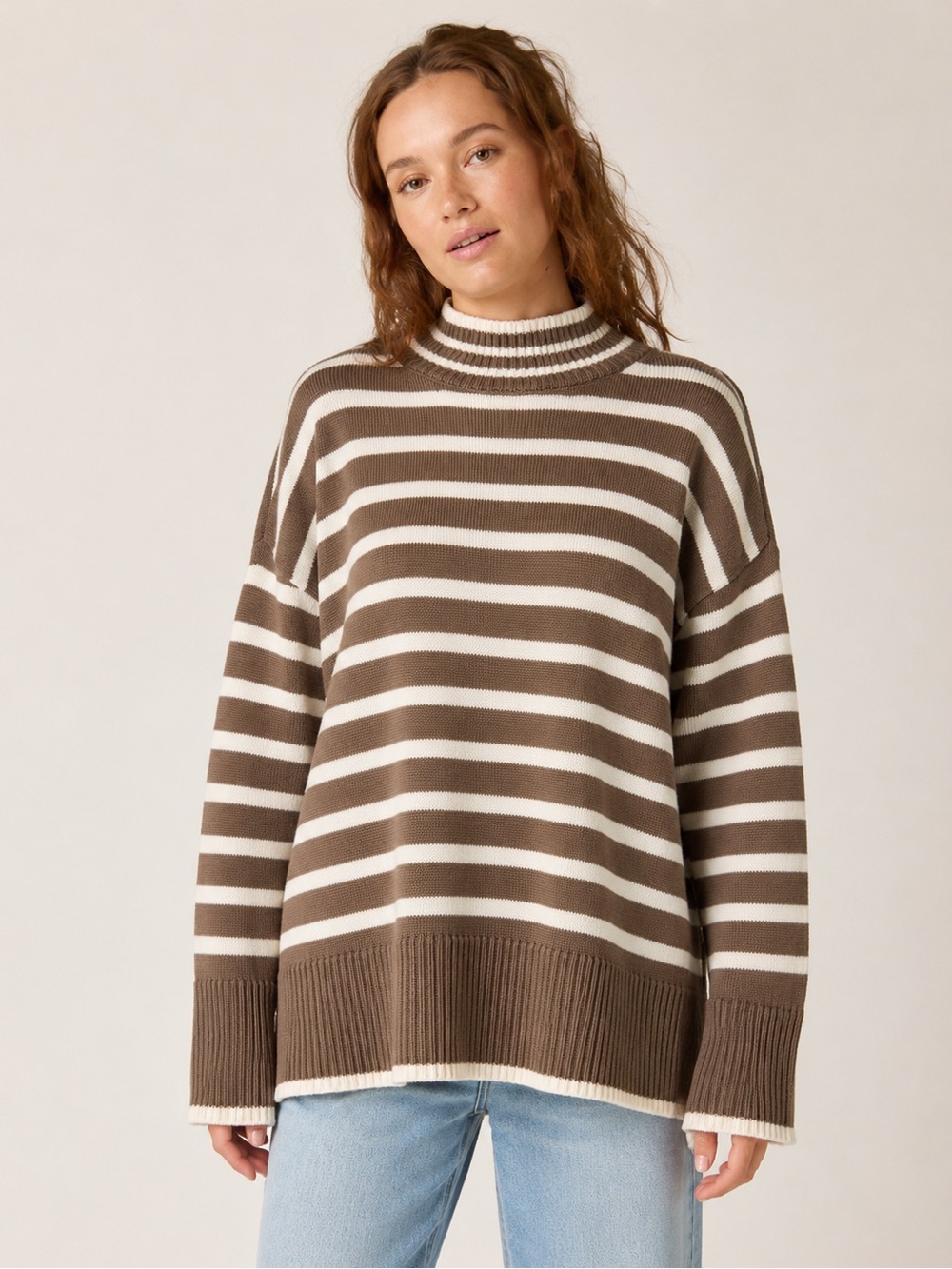 Lucky Brand Shitake Brown & White Striped Mock Neck Sweater